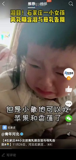 小女孩離乳期含淚與母乳告別，很多網(wǎng)友表示被感動落淚了