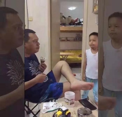“惡人自有惡人磨”，爸爸讓不寫作業(yè)的兒子看自己吃冰淇淋